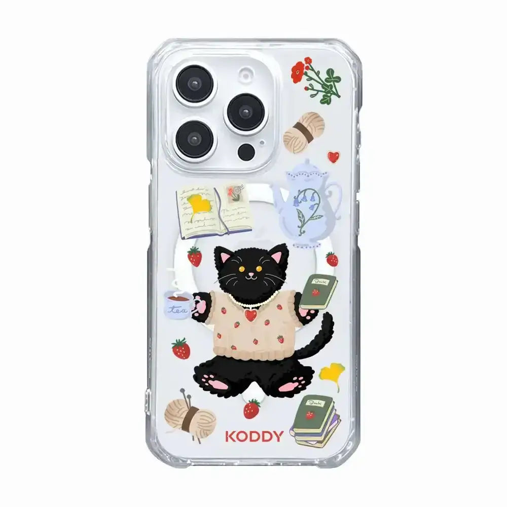 KODDY's Cute Black Cat Strawberry Tea Time Phone Case