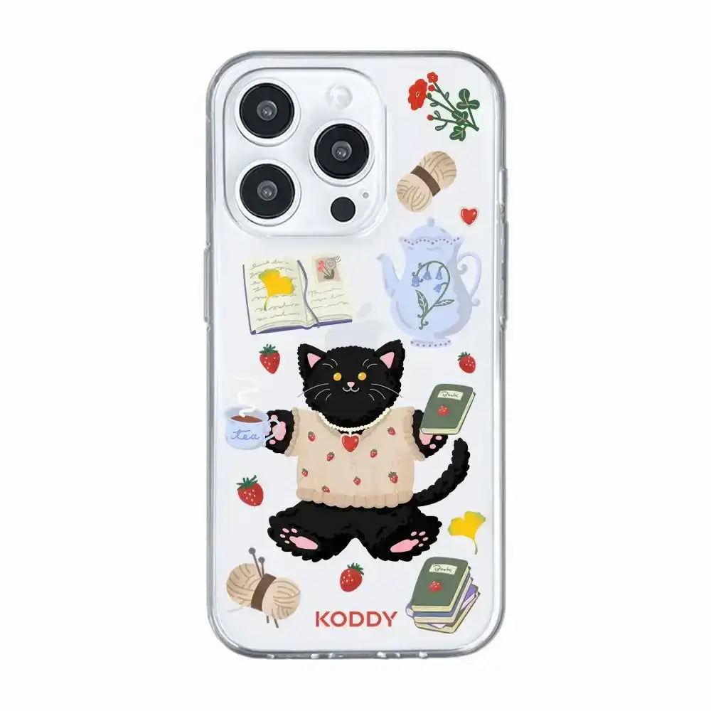 KODDY's Cute Black Cat Strawberry Tea Time Phone Case